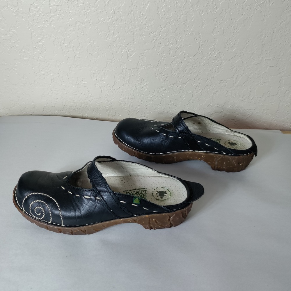 El Naturalista Black Leather Mary Jane Clogs Spiral Stitch Mules Size 40 US 9